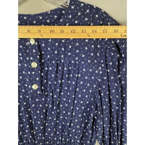 Virgo II Floral Navy Dress 12 Long Sleeve Button Front Pleated Skirt - Picture 4 of 7